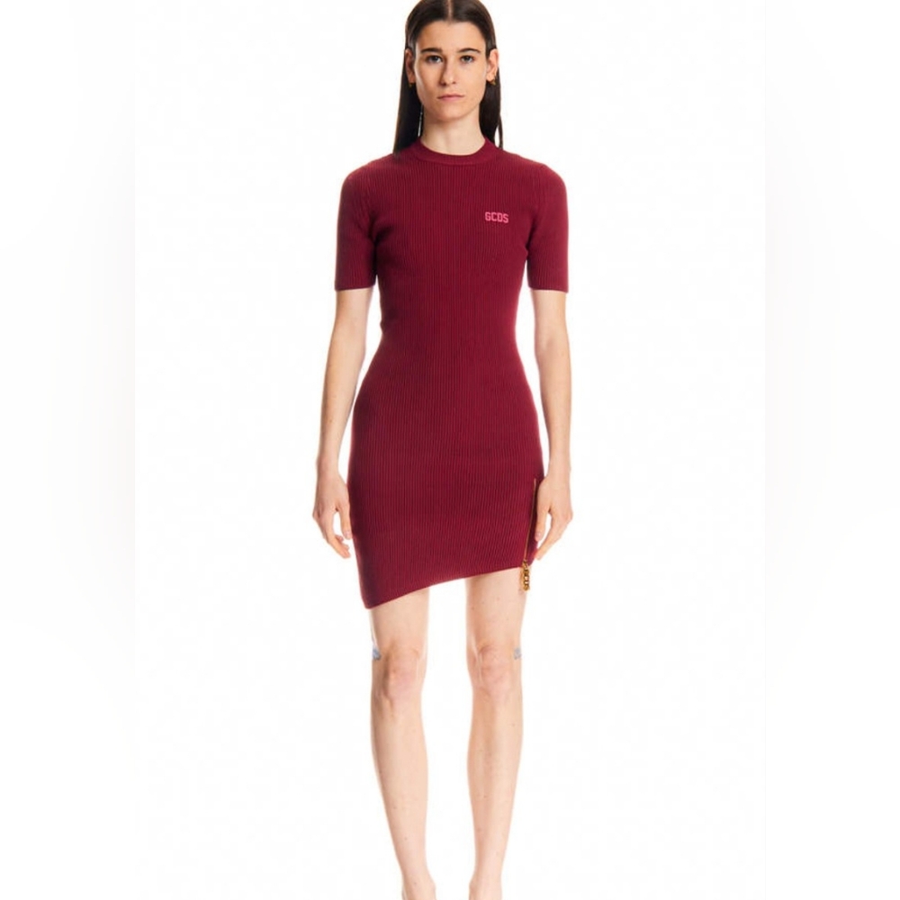 GCDS Red Asymmetrical Ribbed Mock Neck Mini Dress